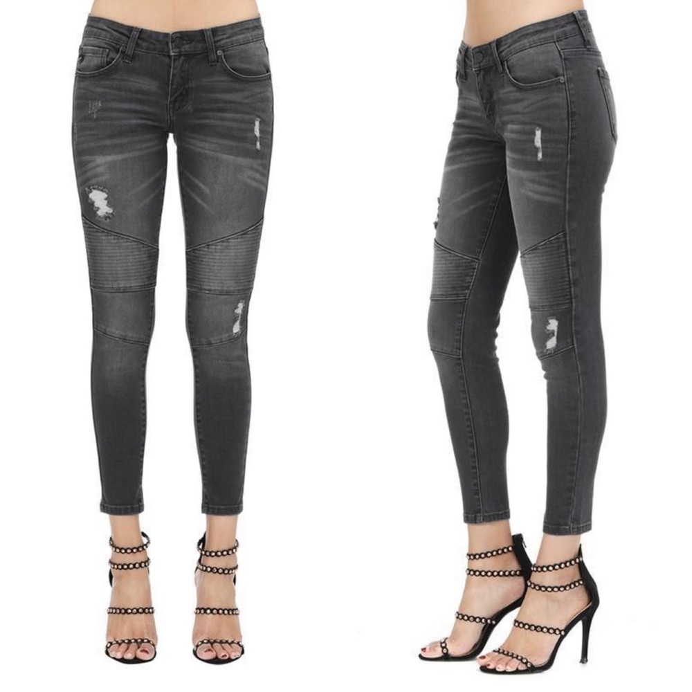 KanCan Distressed Dark Gray Modern Moto Jeans - Picture 6 of 8